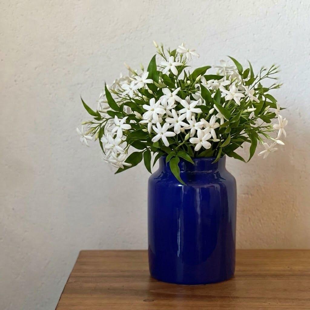 Florero azul con jazmines